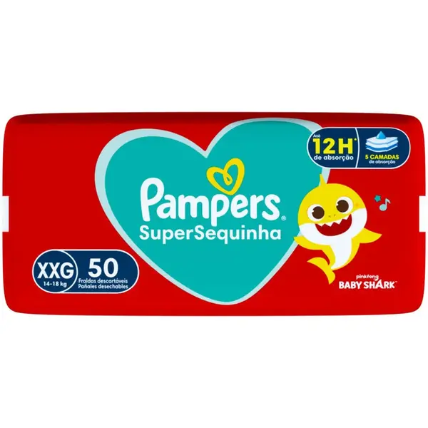 FRALDA PAMPERS SUPERSEQUINHA BABY SHARK TAMANHO XXG 50 UNIDADES
