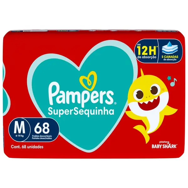 FRALDA PAMPERS SUPERSEQUINHA BABY SHARK TAMANHO M 68 UNIDADES