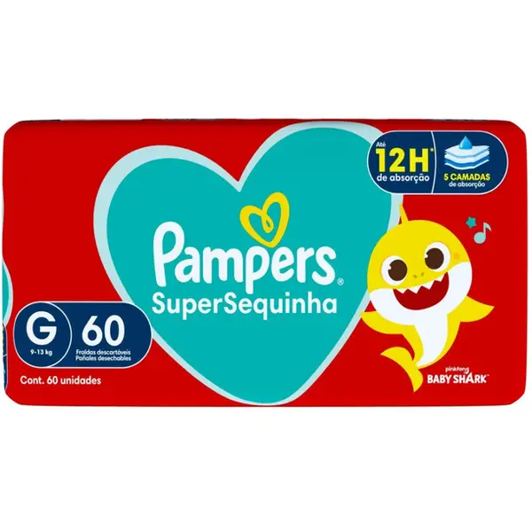 FRALDA PAMPERS SUPERSEQUINHA BABY SHARK TAMANHO G 60 UNIDADES
